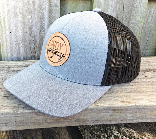 TRUCKER HAT - BLACK AND GRAY W/ LEATHER BADGE - Indy Over Everything