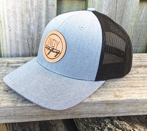 TRUCKER HAT - BLACK AND GRAY W/ LEATHER BADGE - Indy Over Everything