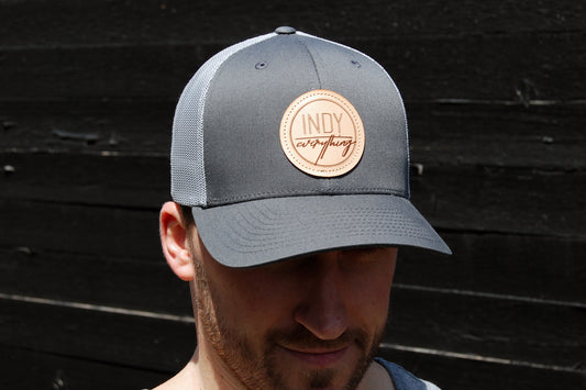 TRUCKER HAT - CHARCOAL AND GREY W/ LEATHER BADGE - Indy Over Everything