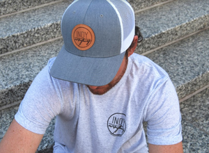 TRUCKER HAT - GRAY AND WHITE W/ LEATHER BADGE - Indy Over Everything